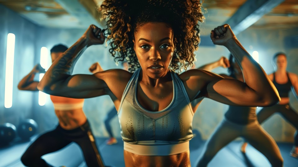 beautiful fit black woman showing her muscles during a motion athletics class with male classmates in the background