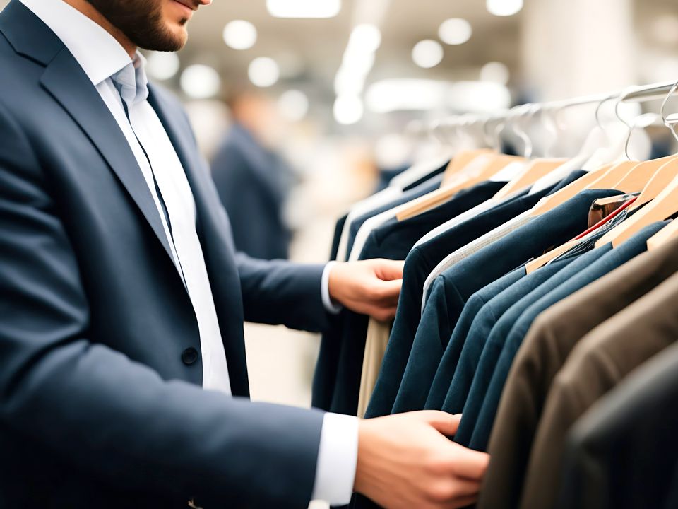 business-attire male shopper browsing rack of suits in retail menswear apparel store