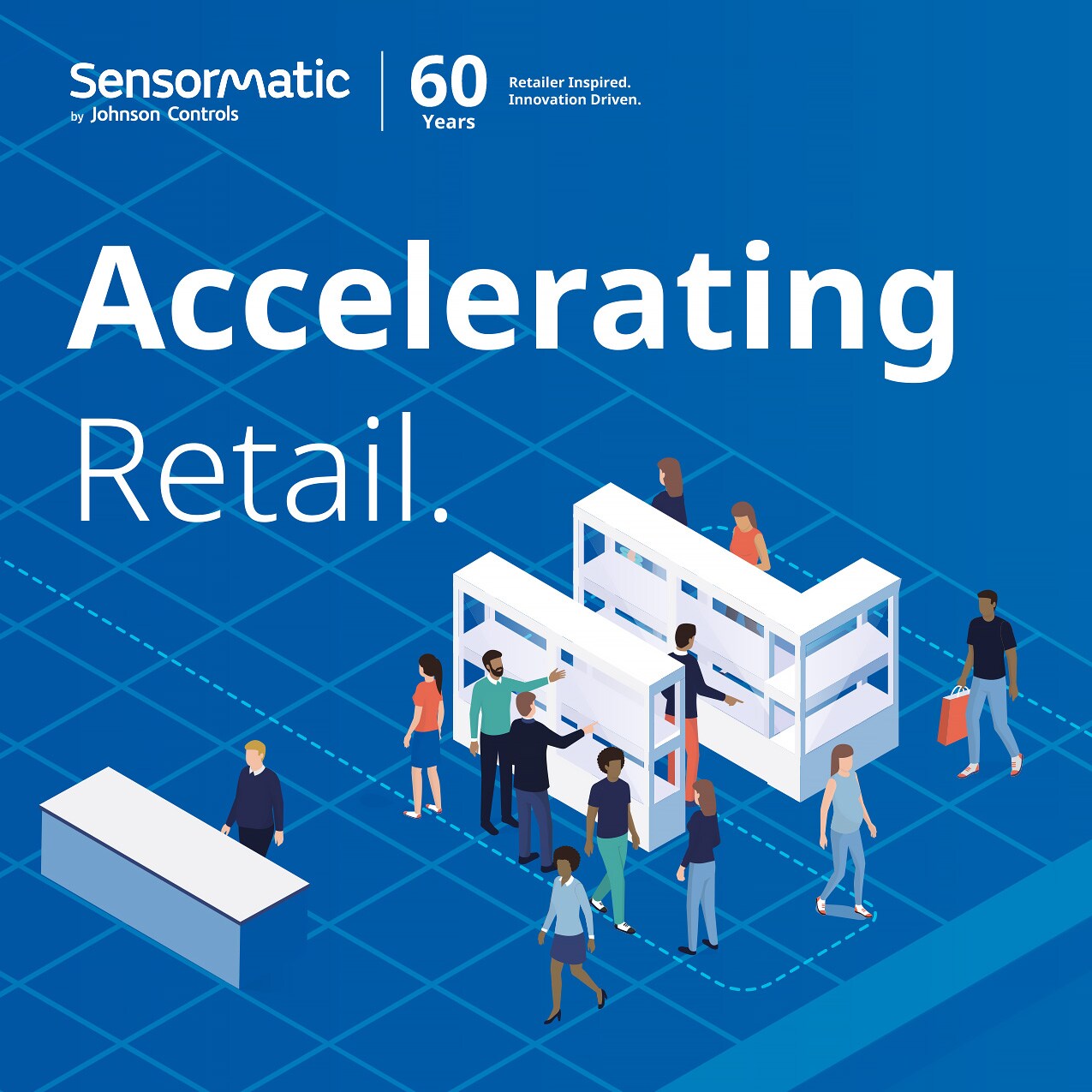sensormatic 60th anniversary smarter store carousel slide 1: 3d illustration of retail store with many shoppers with title: accelerating retail. with sensormatic logo and 60th anniversary tagline: retailer inspired. innovation driven.