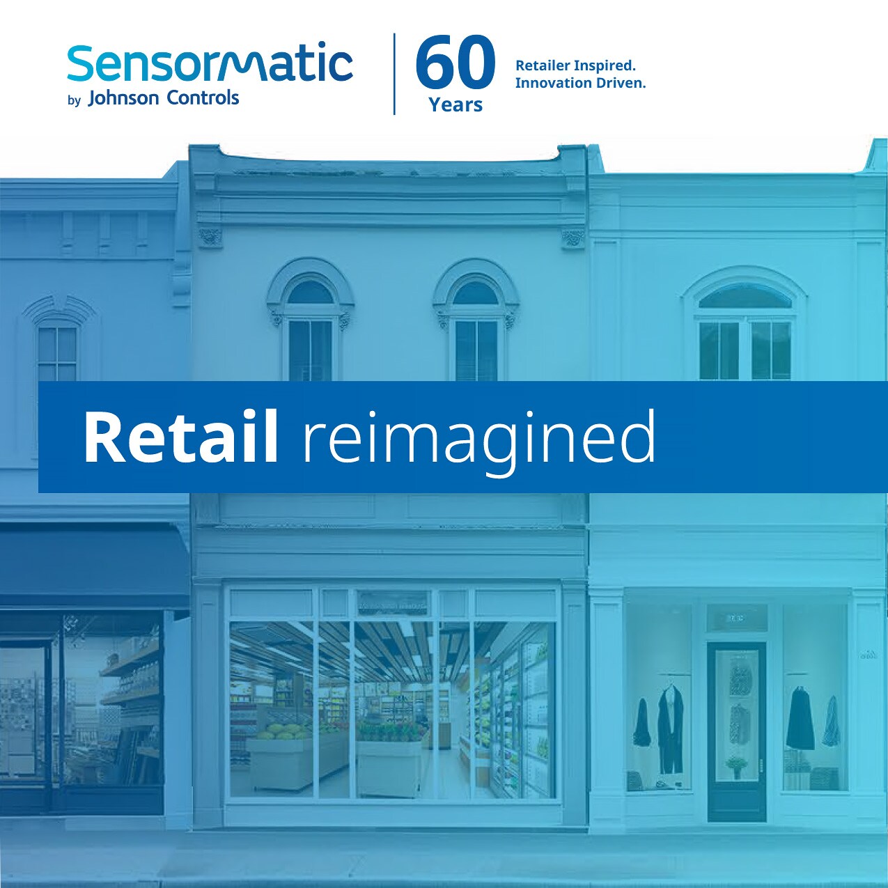 sensormatic 60th anniversary smarter store carousel slide 1: 3d illustration of retail store with many shoppers with title: accelerating retail. with sensormatic logo and 60th anniversary tagline: retailer inspired. innovation driven.