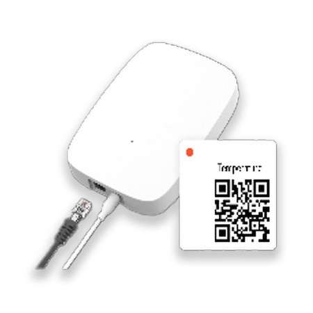 icon of digital food safety sensor with wired and wireless connections alongside a temperature qr code