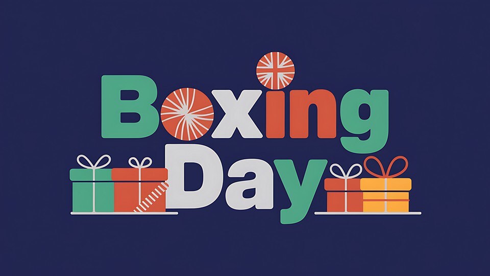 illustration of the phrase boxing day in bright colors with drawings of presents