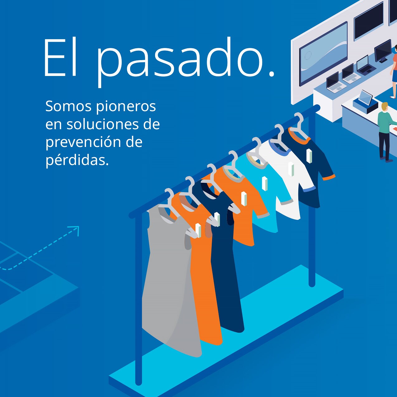 sensormatic 60th anniversary smarter store carousel slide 2: 3d illustration of several clothes items on a store display rack with title. text: then. pioneered loss prevention solutions.