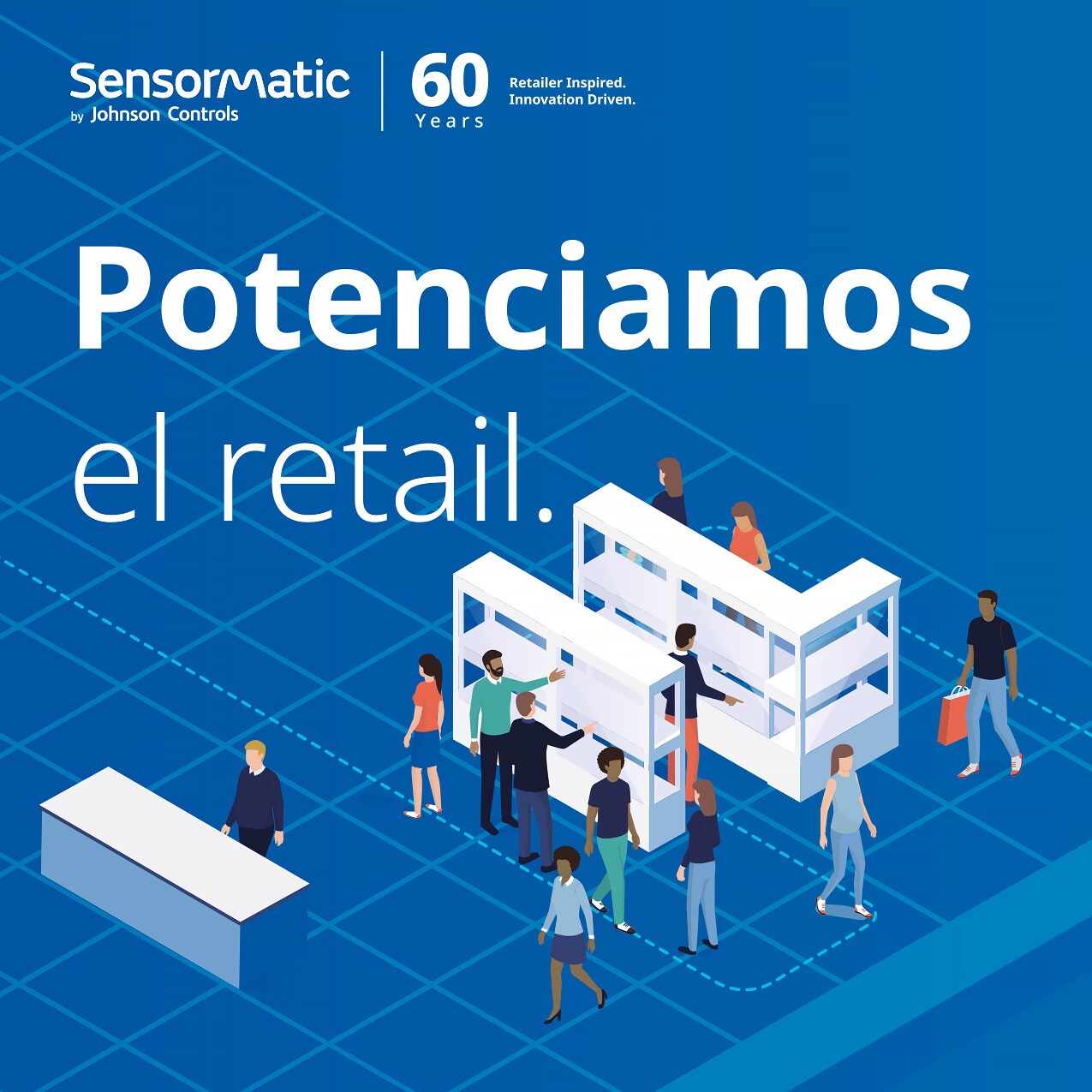 sensormatic 60th anniversary smarter store carousel slide 1: 3d illustration of retail store with many shoppers with title: accelerating retail. with sensormatic logo and 60th anniversary tagline: retailer inspired. innovation driven.