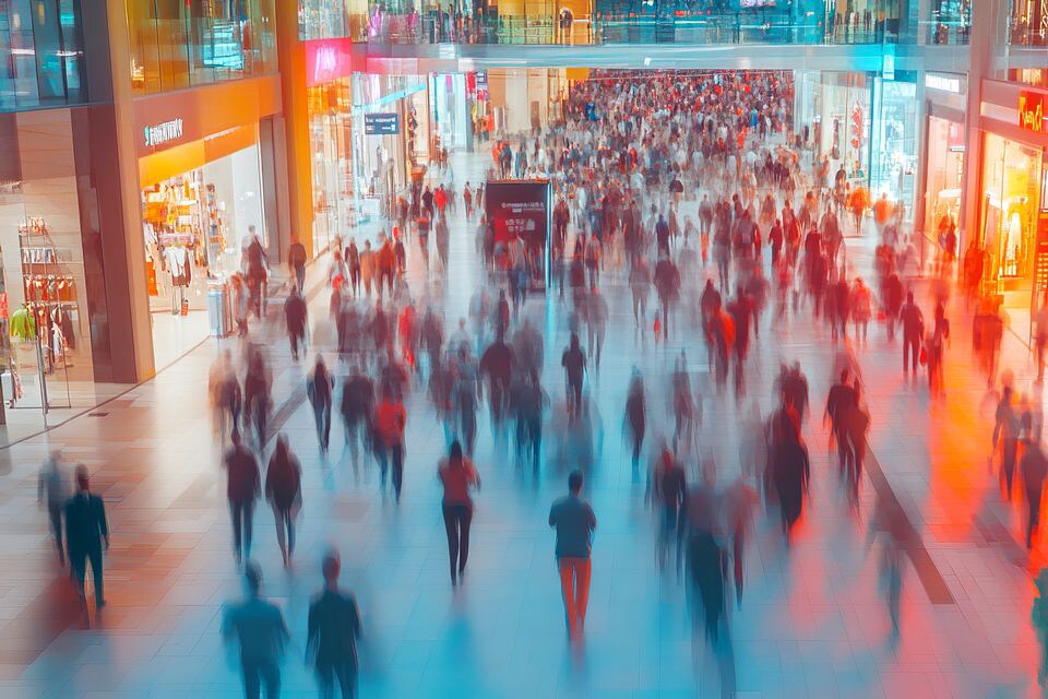 view from upper level of shoppers walking and shopping in busy retail shopping mall