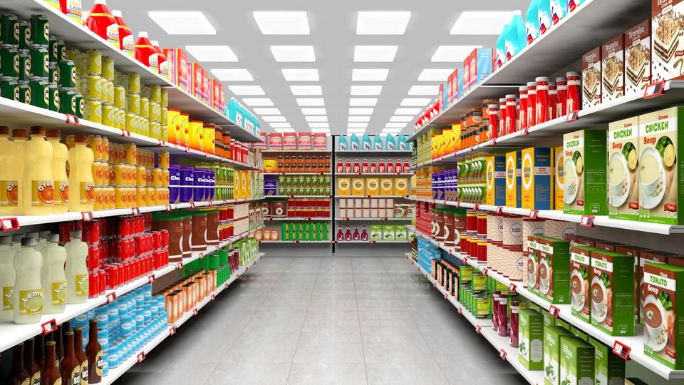 brightly lit well stocked grocery store aisle