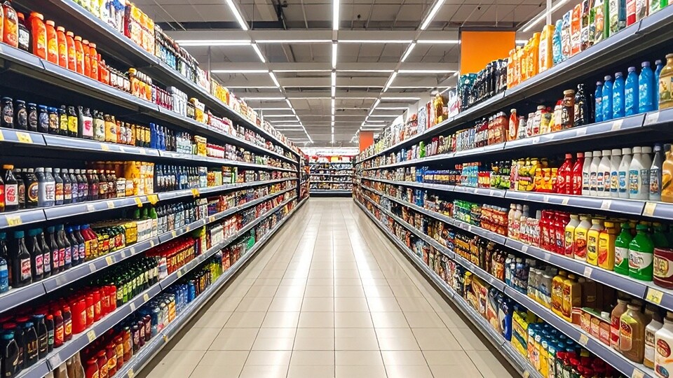 looking down a long brightly lit food aisle in a retail grocery store