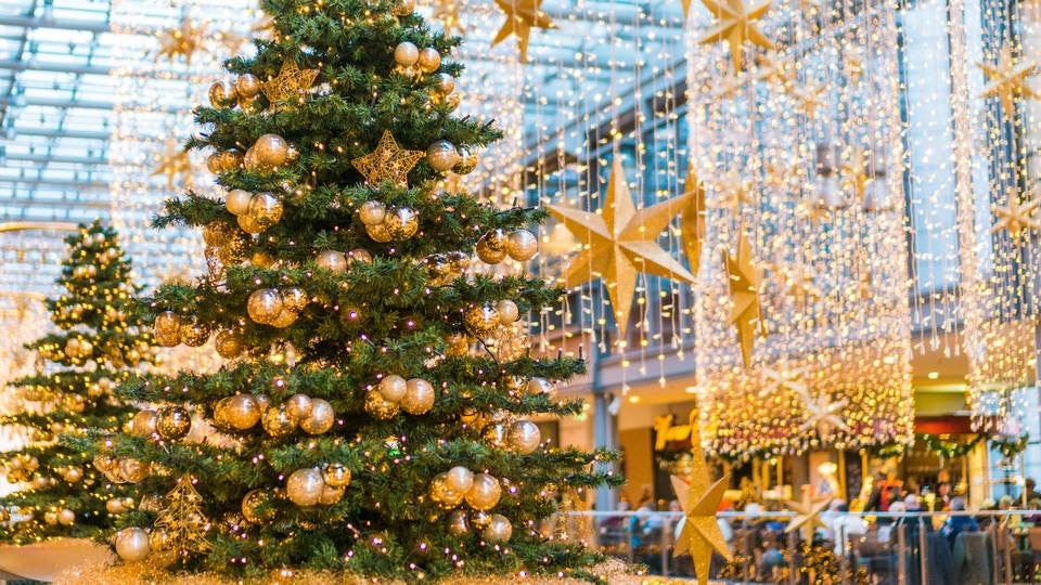 interior of retail shopping mall decorated with large fir trees and gold stars and ornaments