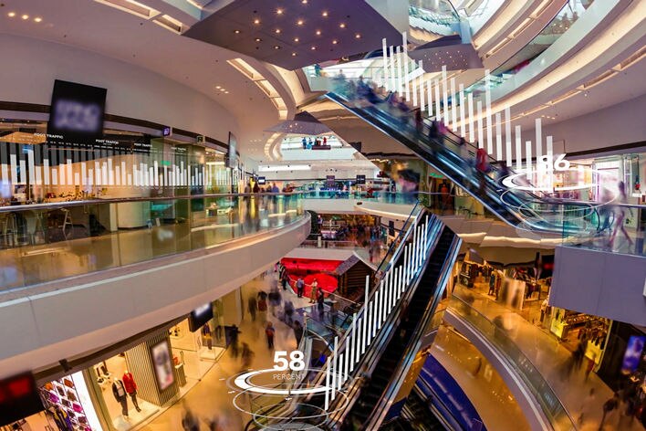 conceptual image of shopping mall interior overlaid with bar-graphs and data
