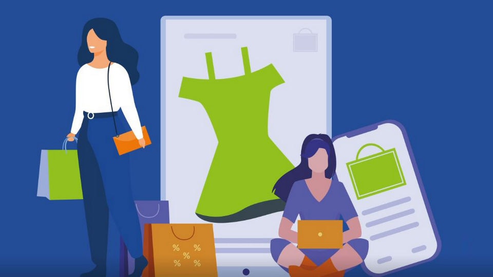 cartoon-style illustration of two female shoppers with onscreen and in-store purchases