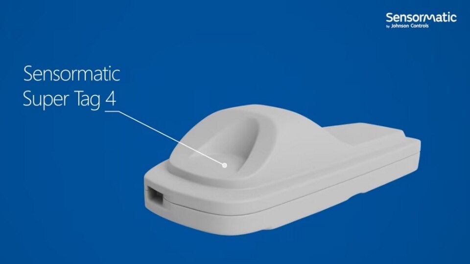 enlarged view of white supertag 4 hard tag against bright blue background