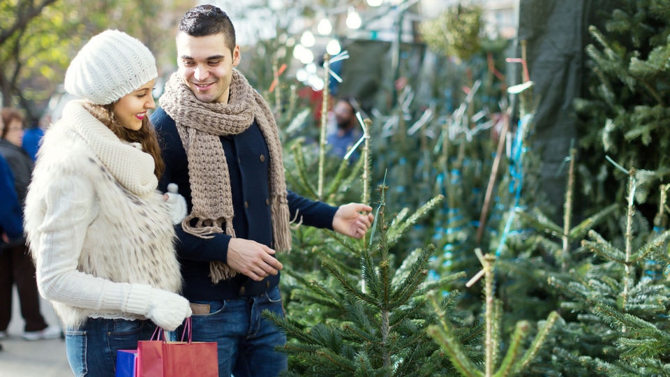 male female couple shopping for holiday decorations in out door retail market