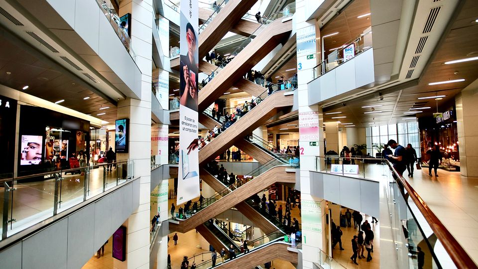 interior of a busy multi-level indoor retail shopping mall