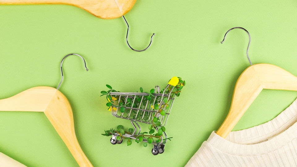 wooden clothes hangers on a green surface surrounding a toy retail shopping cart entwined with green vines and leaves