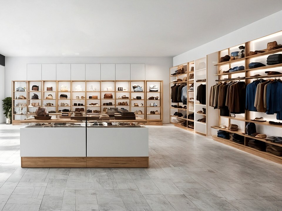 interior photo of an upscale minimalist brightly lit retail apparel and accessories store