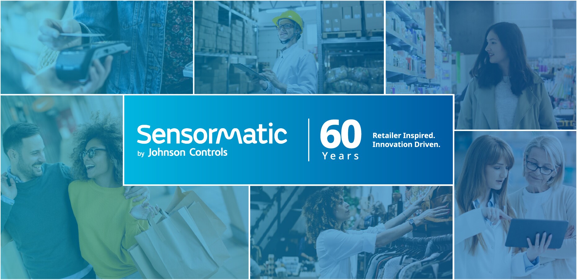 collage of images representing retail activities including shopping inventory and warehouse with sensormatic 6oth anniversary logo in the center