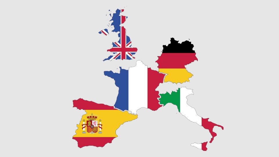 map showing uk france italy germany spain with each countries shape filled with national flag