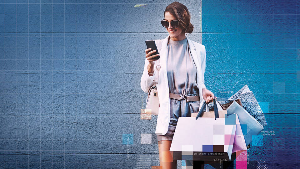 stylish woman shopper carrying multiple shopping bags from retail store against high tech grid background