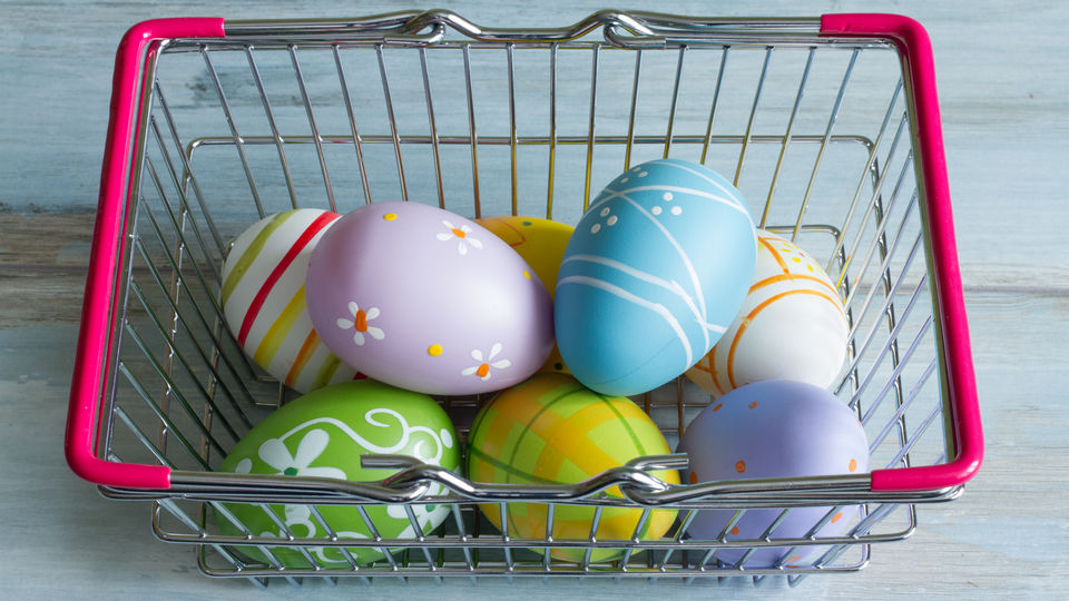 dyed easer eggs in retail store shopping basket