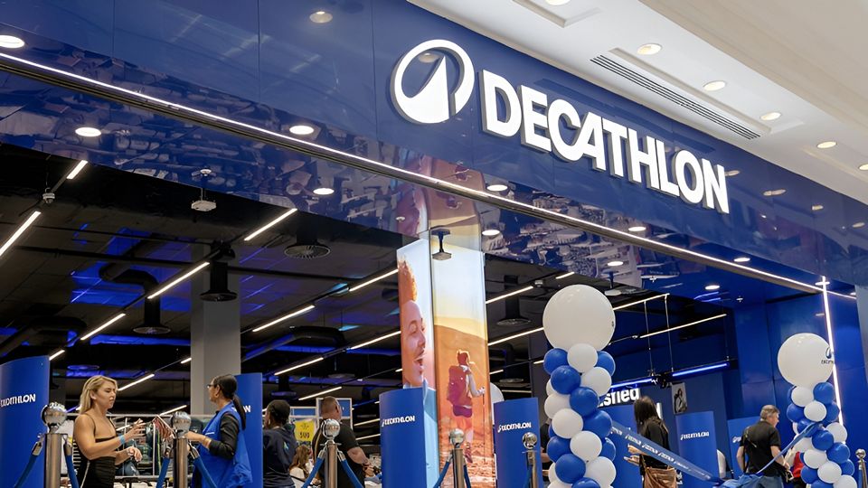 storefront of decathlon brasil retail store with celebration blue and white balloons