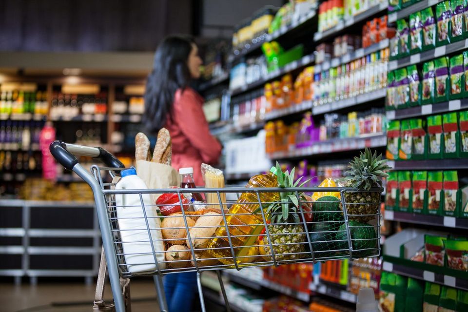 shopping cart filled with groceries inside retail store with female shopper in background