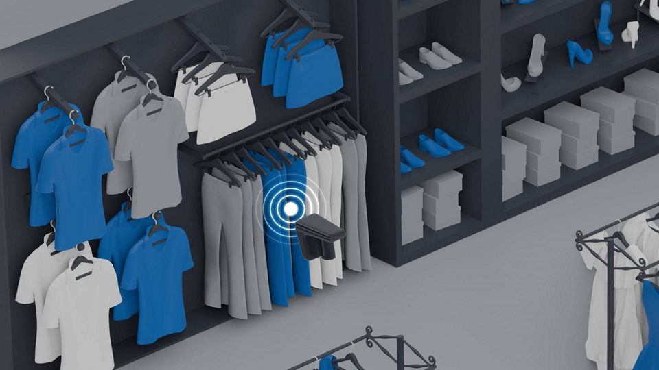 frame from animated video displaying a cycle counting rfid reader in a retail store with various items of apparel on shelves and racks