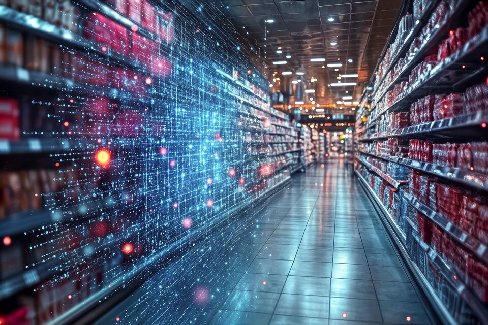 interior view of a long aisle in a retail store with product on shelves overlaid with lights and connections suggesting data flow